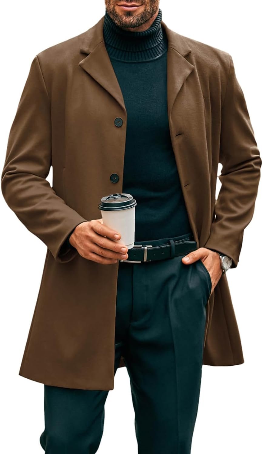 611dPNPqaxL._AC_SL1500_.jpg Mens Mid Long Trench Coat Slim Fit Winter Pea Coat Single Breasted Business Overcoat - Image 1