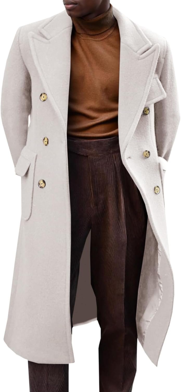 61Q9xowgxDL._AC_SL1500_.jpg Mens Trench Coat Notch Lapel Long Jacket Double Breasted Classic Winter Overcoat - Image 1