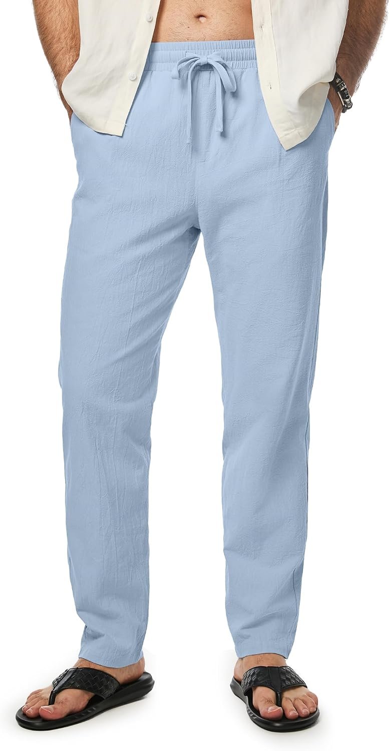 61RIXkwqvwL._AC_SL1500_.jpg Mens Cotton Pants Casual Elastic Waist Drawstring Lightweight Summer Beach Trousers with Pockets - Image 1