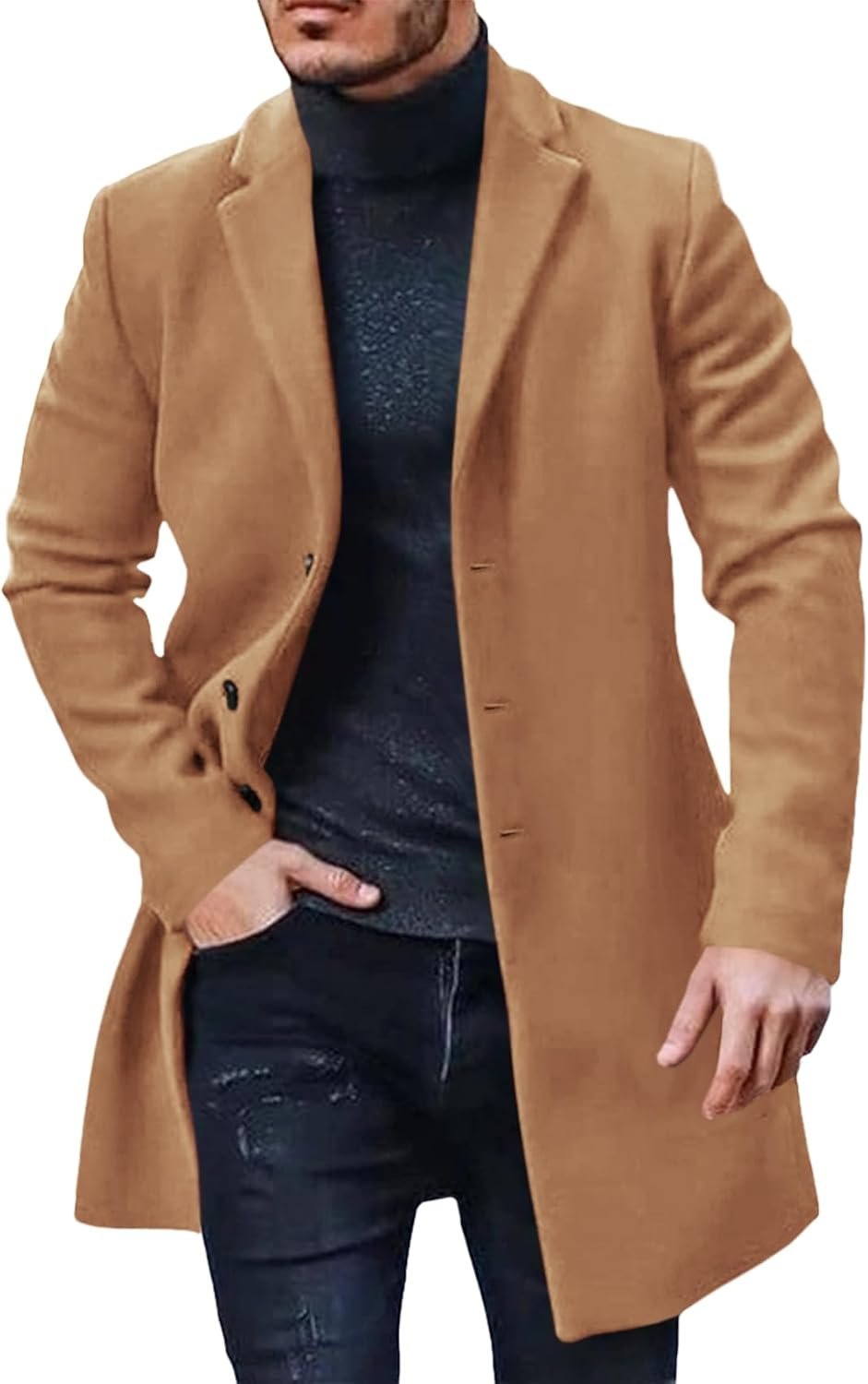 61WEJf2VkeL._AC_SL1500_.jpg Men's Trench Coat Slim Fit Notch Lapel Single Breasted Top Coat Winter Warm Cotton Business Long Jacket Overcoat - Image 1