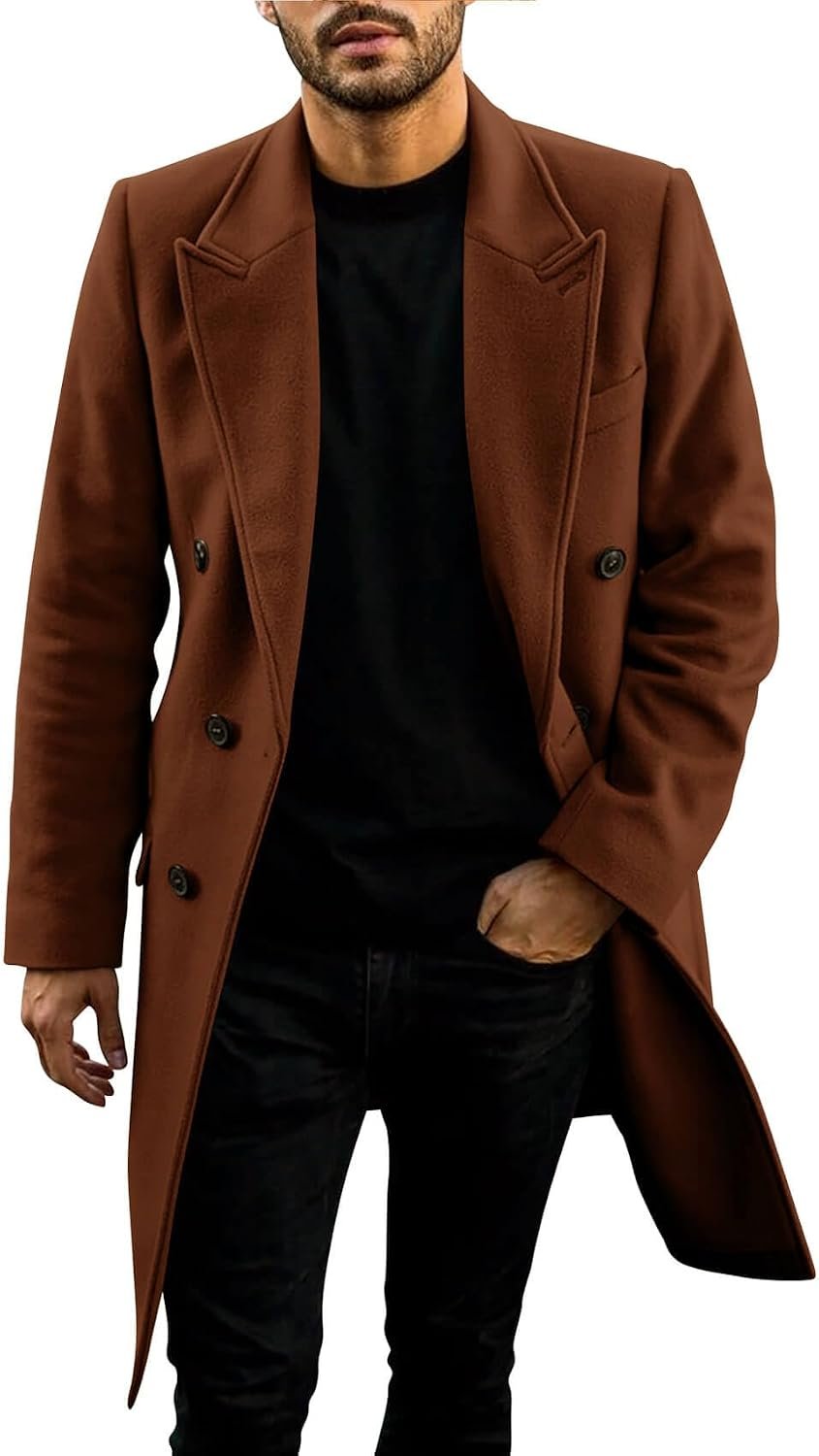 61oqvEEDOvL._AC_SL1500_.jpg Mens Trench Coat Mid Long Double Breasted Slim Fit Peacoat Notched Lapel Winter Business Overcoat - Image 1