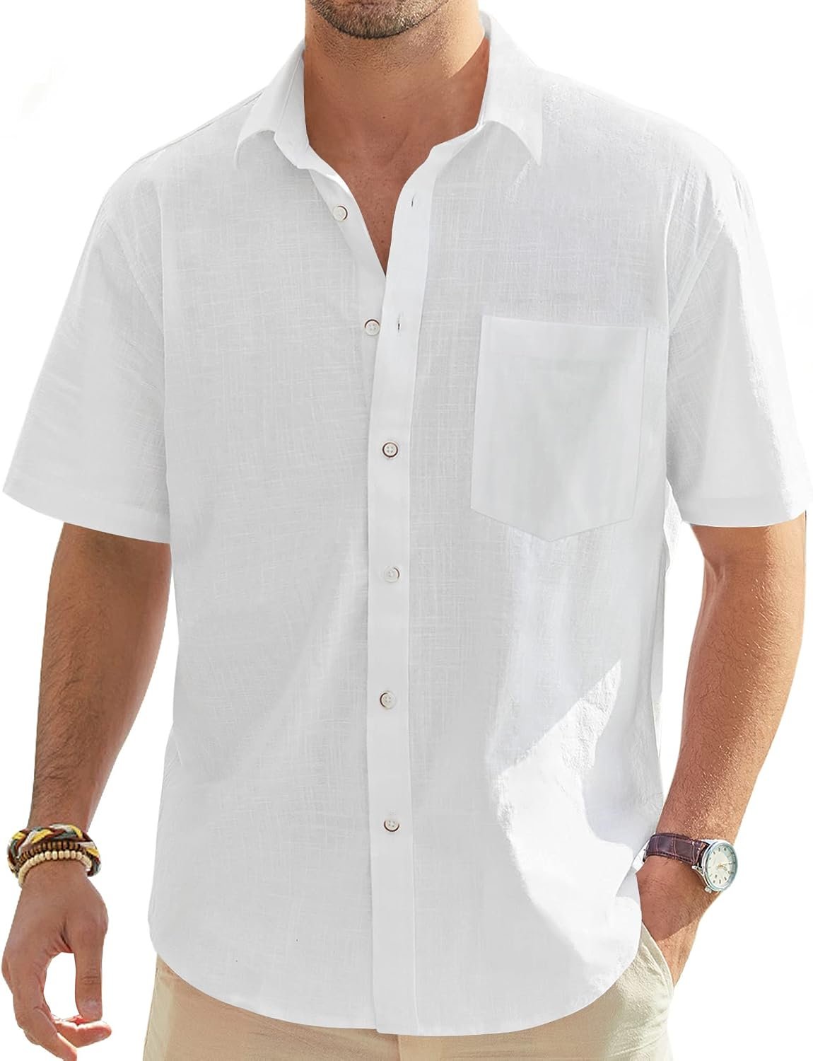 7104SjbR1WL._AC_SL1500_.jpg Men's Cotton Linen Short Shirts Casual Lightweight Button Down Shirts Vacation Beach Summer Tops with Pocket - Image 1