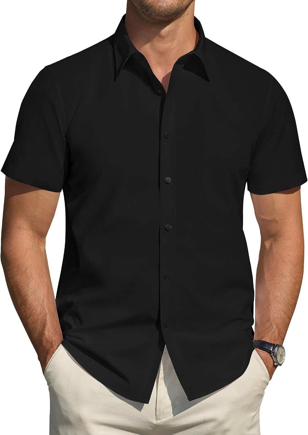 717M3HyuMEL._AC_SL1500_.jpg Men's Short Dress Shirts Stretch Stain Shield Casual Button Down Shirts Solid Formal Shirt - Image 1
