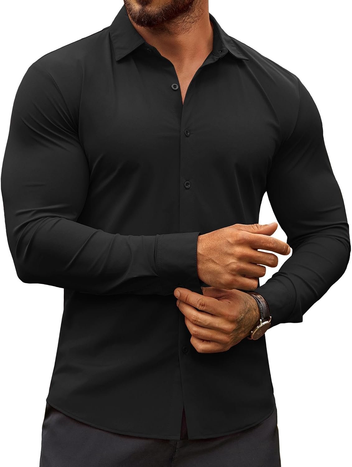 71L89XyvcIL._AC_SL1500_.jpg Men's Muscle Fit Dress Shirts Wrinkle-Free Long Sleeve Casual Button Down Shirts - Image 1