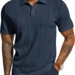 Mens Textured Knit Polo Shirts Regular Fit Stretchy Golf Shirts