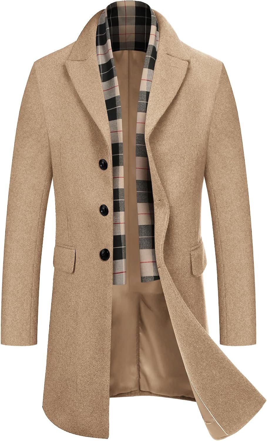 71THJ9spzL._AC_SL1500_.jpg Men's Wool Blend Coat with Detachable Plaid Scarfs Notched Collar Single Breasted Pea Coat Trench Overcoat - Image 1