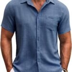 Mens Button Down Short  Shirt Casual Shirts Summer Beach Textured Shirts with Pocket