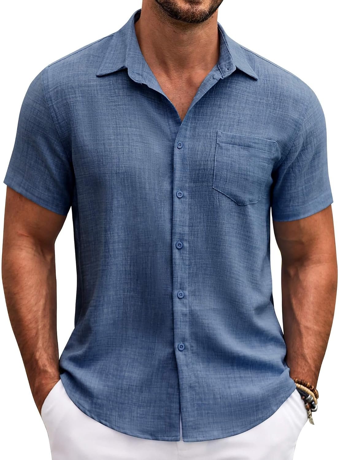 71lsOuzVLDL._AC_SL1500_.jpg Mens Button Down Short Shirt Casual Shirts Summer Beach Textured Shirts with Pocket - Image 1