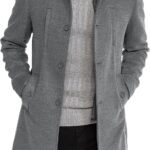 Mens Trench Coat Long Sleeve Stand Collar Single Breasted Pea Coat Casual Mid Long Slim Fit Overcoat with Pockets