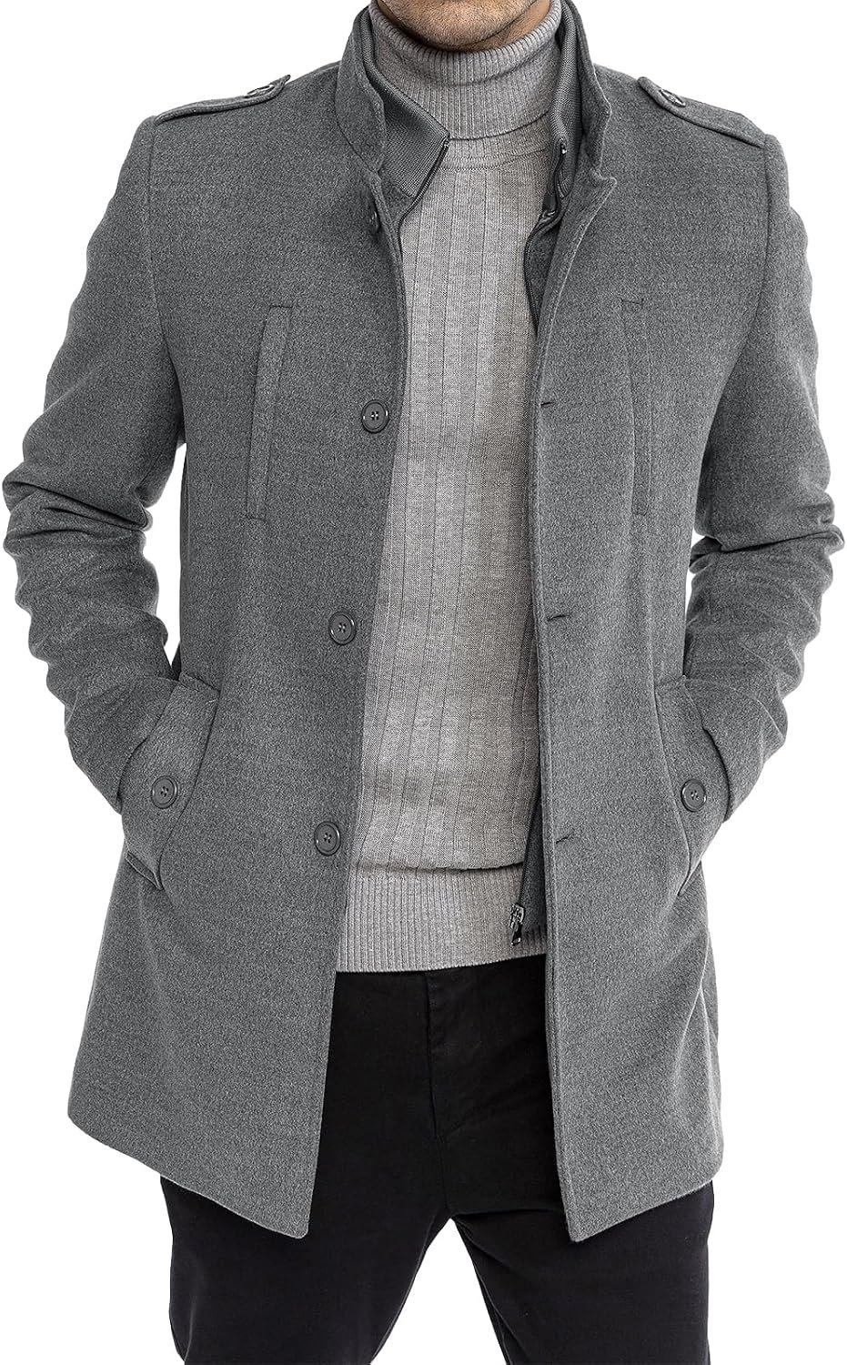 81VNmwcs-lL._AC_SL1500_.jpg Mens Trench Coat Long Sleeve Stand Collar Single Breasted Pea Coat Casual Mid Long Slim Fit Overcoat with Pockets - Image 1