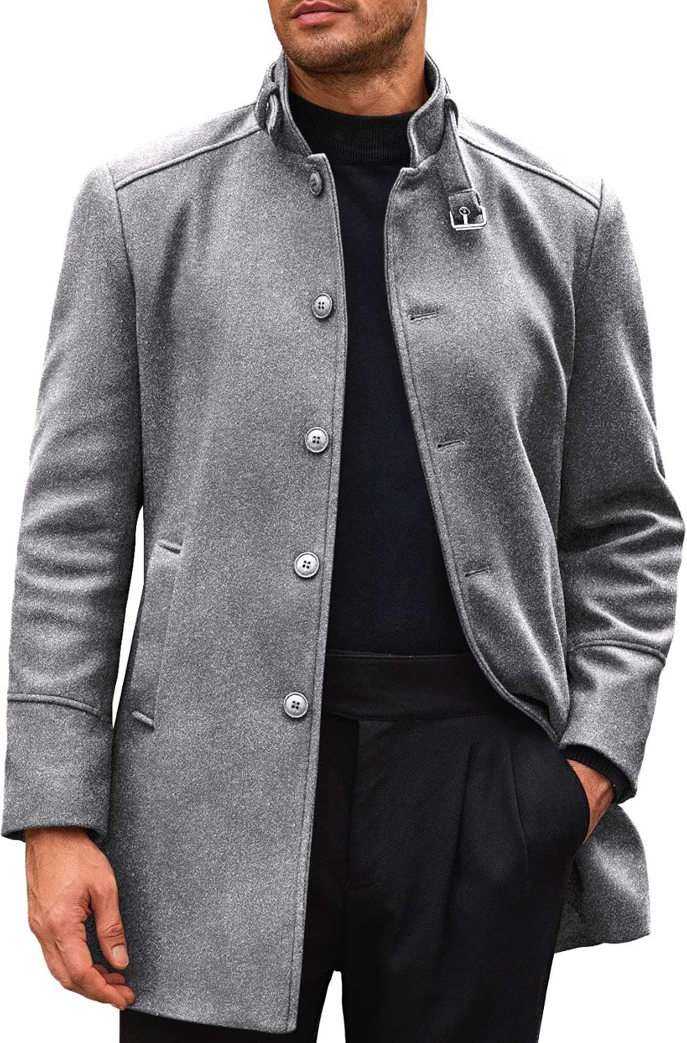 81vU9ZUV6GL._AC_SL1500_.jpg Mens Trench Coat Stand Collar Casual Slim Fit Single Breasted Pea Coat Overcoat - Image 1